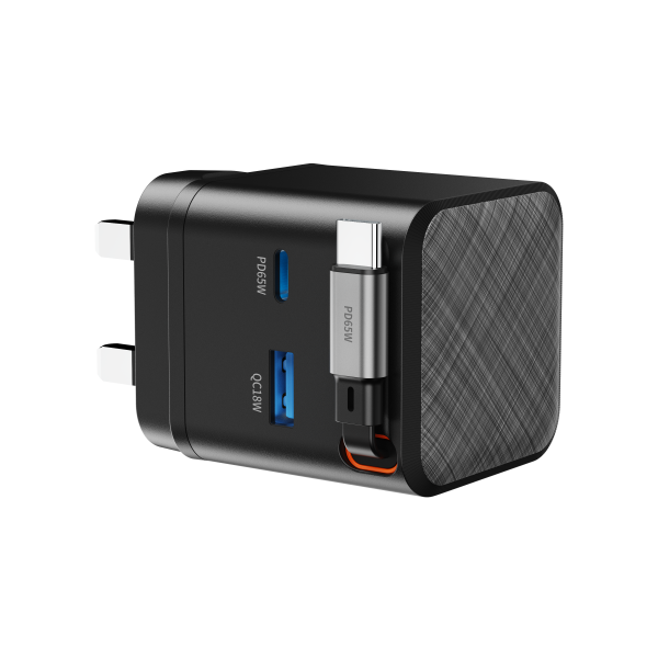65W GAN charger with Retractable C charging cable USB A + C port - Image 3