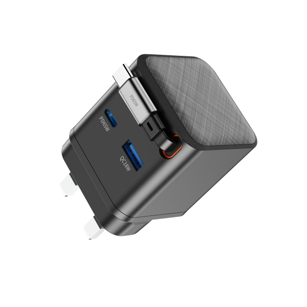 65W GAN charger with Retractable C charging cable USB A + C port - Image 2