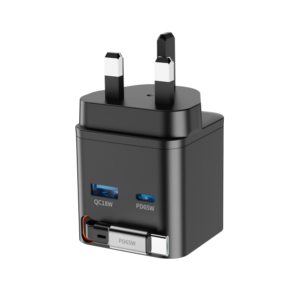 65W GAN charger with Retractable C charging cable USB A + C port