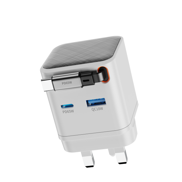 65W GAN charger with Retractable C charging cable USB A + C port - Image 5